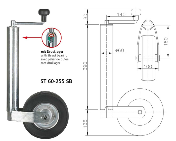 WINTERHOFF ST60-255SB Stützrad 250 kg 60 mm 525–755 mm
